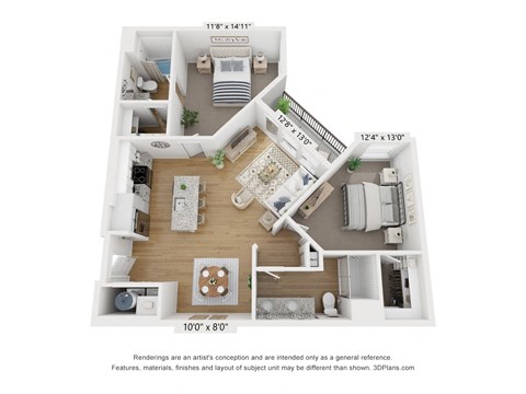 Floor plan for 2 beds, 2 baths, 1031 sqft